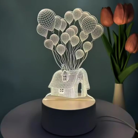 3D Illusion LED Night Lamp with house and balloons design on wooden table