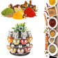 Revolving spice rack set on a kitchen counter, demonstrating its compact design.