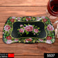 Top-down view of a rectangular floral stainless steel serving tray, highlighting its design.