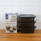 Complete three-piece set of BPA-free rectangular food storage containers.