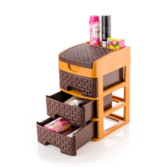 The Mini 3 Layer Storage unit with drawers open, revealing ample space for small items.