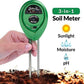 Packaging of the 3-way soil meter, highlighting its moisture, pH, and light testing capabilities.