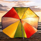 A blue and white sunshade umbrella deployed in a garden, showcasing its protective canopy.