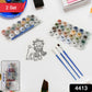 Close-up of the 21 numbered acrylic paint colors and fine brushes included in the art kit.