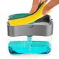 Close-up of the pump mechanism of the 2-in-1 soap dispenser with a sponge.