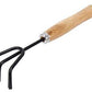 Close-up of a hand cultivator, small trowel, and garden fork, showcasing their sturdy construction.