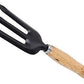 The three essential gardening tools, a garden fork, hand cultivator, and trowel, laid out for display.
