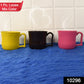 Assortment of colorful plastic coffee cups with ergonomic handles, ready for various beverages.