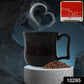 Ergonomic black plastic coffee mug, highlighting its comfortable handle and grip.