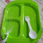 Side view of the reusable 3-compartment food plate with a spoon.