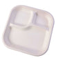 Close-up showing thick durable compartments of compostable bagasse meal plate