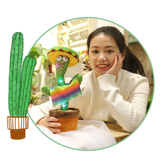 Soft plush dancing cactus toy with an embroidered smiling face in a pot.