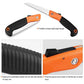 The folding saw securely locked in its open position for safe use.