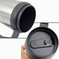 Ergonomic stainless steel insulated coffee mug.