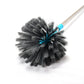 An individual using the cobweb cleaning brush to dust a high ceiling fan.