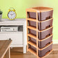 Brown 5-tier plastic modular drawer system from Organivo for versatile storage.