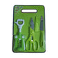Durable stainless steel knife and scissor alongside a sturdy plastic chopping board.