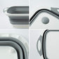 Foldable chopping board with integrated draining basket for washing fruits and vegetables.