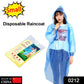 Person wearing a unisex disposable raincoat, offering full-body protection from rain.