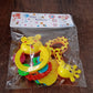 Three colorful baby toys in animal shapes designed for teething comfort