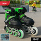 Close-up of adjustable inline skating shoes with safety straps and PU wheels