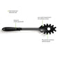 Studio shot of a black heat-resistant pasta server, highlighting its durable nylon construction.
