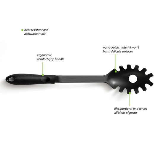 Studio shot of a black heat-resistant pasta server, highlighting its durable nylon construction.