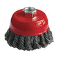 Versatile black wire wheel brush for various metal cleaning tasks.
