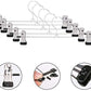 A dozen stainless steel hangers featuring adjustable clips for various garments.