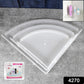 Wall-mounted plastic corner shelf holding shampoo and bath products.