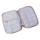 Open view of zip pouch showing multiple storage sections