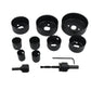 Complete 12-piece hole saw kit with various carbon steel bits for wood drilling.