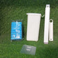 Hygienic toilet cleaning system with its space-saving storage caddy.