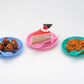 Three-piece snack set neatly arranged, highlighting the bowl, dish, and spoon for convenient serving.