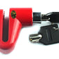 AutoSafeo heavy-duty motorcycle disc lock securely attached to a bike wheel.