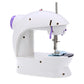 XcelCraft mini sewing machine performing a straight-line stitch on fabric.