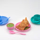 The durable snack set presented with a focus on its microwave-safe and freezer-safe features.
