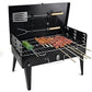 Compact charcoal grill set up for an outdoor picnic, perfect for small gatherings.