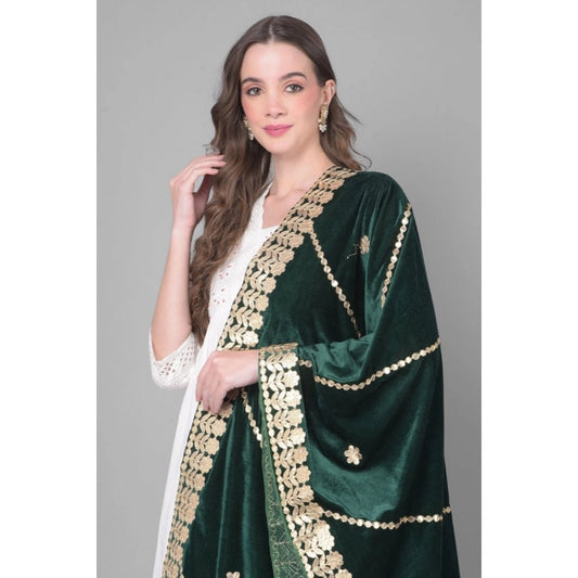 Generic Women's Velvet Gotta Patti Dupatta (Green, Length: 2.25 to 2.50 Mtr)