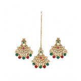 Generic Women's Rose Gold Plated Alloy Kundan Earrings &amp; Mangtikka (Red &amp; Green)