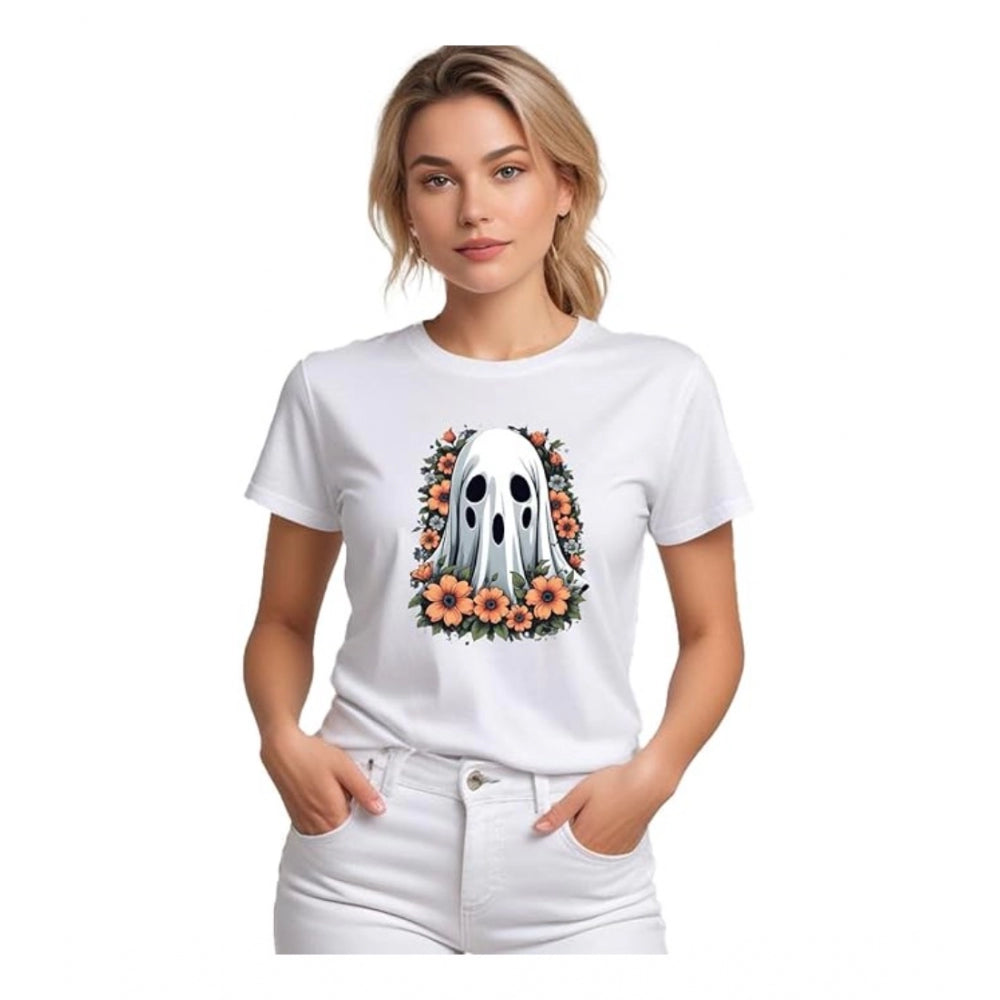 Generic Women's Polyester Solid Printed Round Neck Half Sleeve T-shirt (White)
