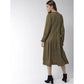 Generic Women's Polyester Pintuck Long Sleeves Below Knee Dress (Olive)