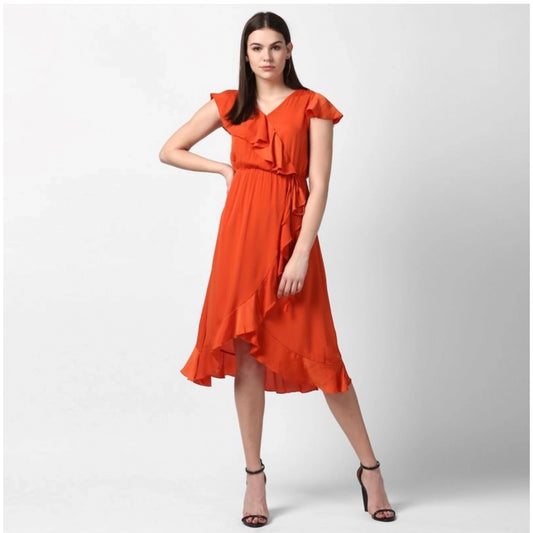 Generic Women's Polyester Ruffled Cap Sleeve Knee-Length Dress (Orange)