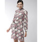 Generic Women's Polyester Checkered Long Sleeves Above Knee Dress (Off White - Lavender)