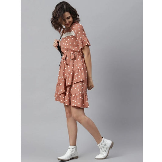 Generic Women's Polyester Polka Bell Sleeve Above Knee Dress (Brown)