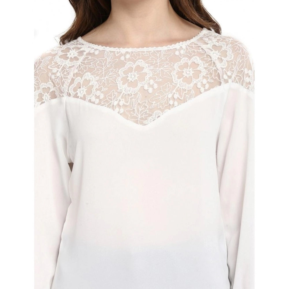 Generic Women's Polyester Georgette Self Design 3-4th Sleeves Regular Top (White)