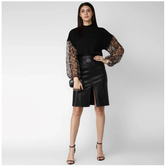 Generic Women's Polyester Animal Print Long Sleeves Top (Black)