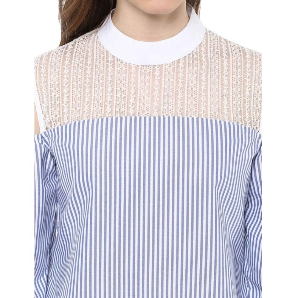 Generic Women's Cotton Striped Cold Shoulder Top (Blue)