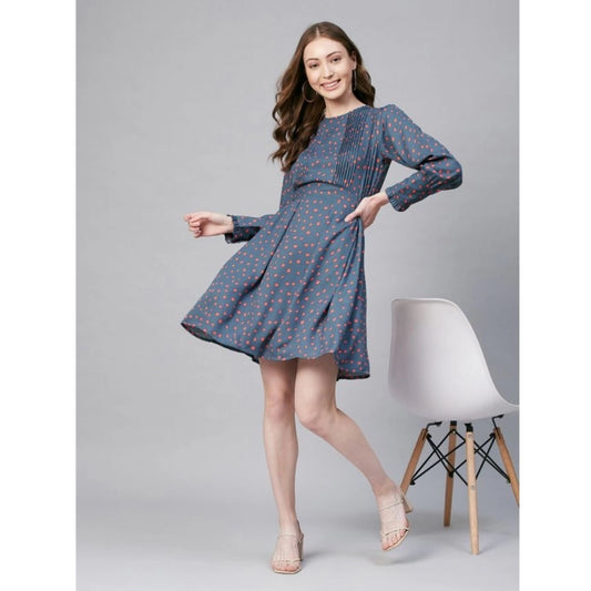 Generic Women's Polyester Polka Long Sleeves Above Knee Dress (Grey - Coral)