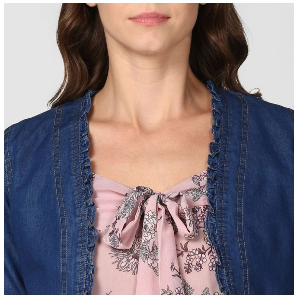 Generic Women's Denim Ruffled Long Sleeves Shrug (Navy Blue)